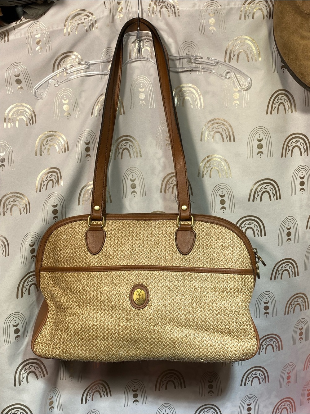 Woven Straw Shoulder Bag with Tan Trim